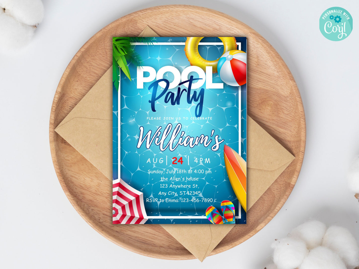 Editable Pool Party Birthday Invitation, Summer Swim Party (Instant Download)