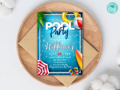 Editable Pool Party Birthday Invitation, Summer Swim Party (Instant Download)