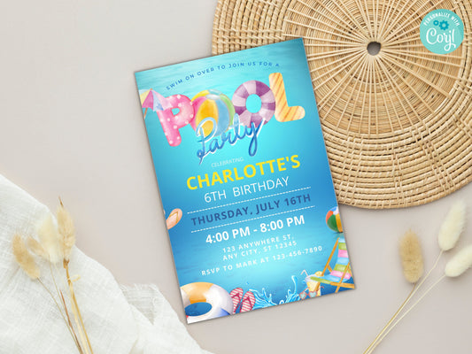 Vorlage für eine bearbeitbare Einladung zur Poolparty-Geburtstagsfeier (Digitaler Download)
