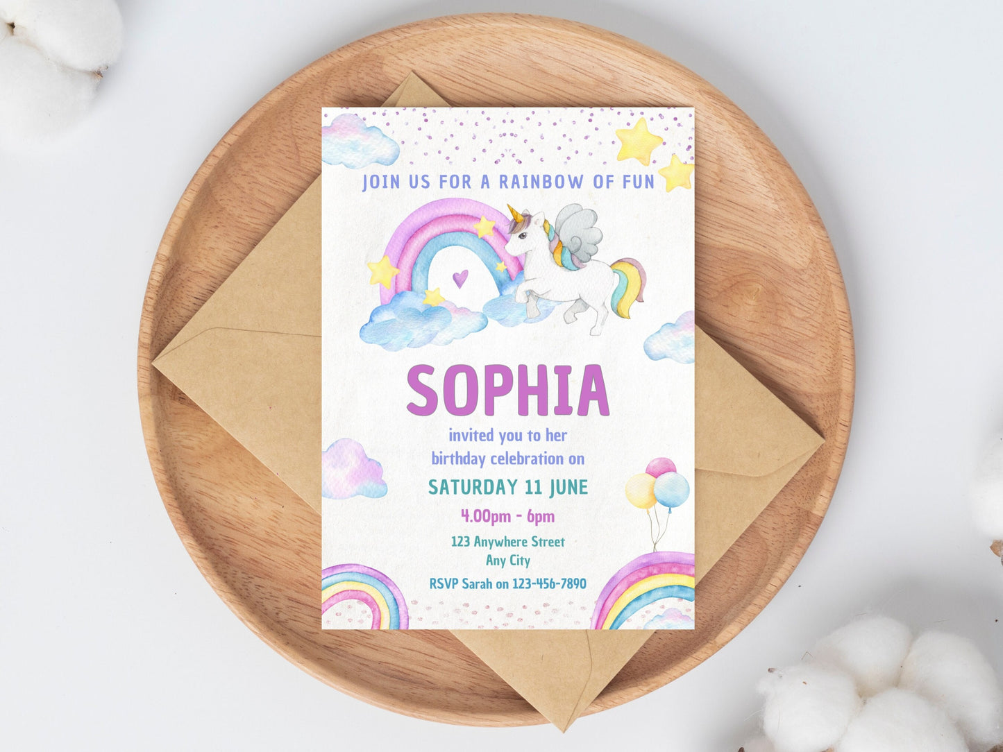 Editable Unicorn Rainbow Birthday Invitation, Girls Party (Digital Download)
