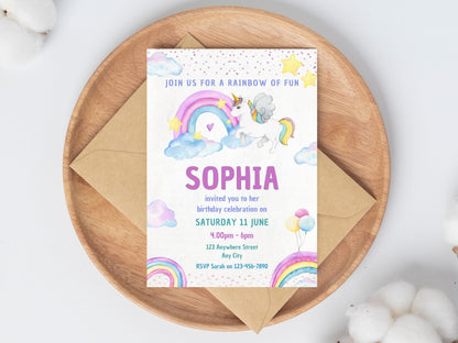 Editable Unicorn Rainbow Birthday Invitation, Girls Party (Digital Download)