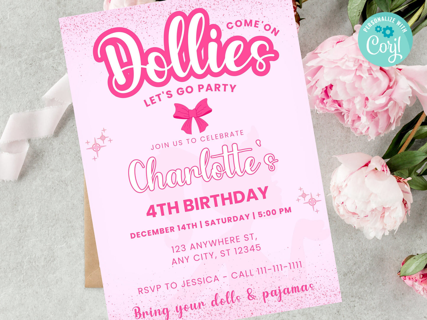 Einladung zur Puppengeburtstagsfeier: Pinkfarben, bearbeitbar (Digitaler Download)