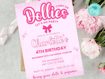 Einladung zur Puppengeburtstagsfeier: Pinkfarben, bearbeitbar (Digitaler Download)