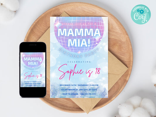 Mamma Mia Birthday Invitation, Dancing Queen Party, Editable Template (Digital)