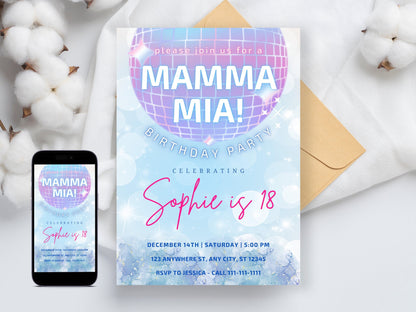 Mamma Mia Geburtstagseinladung, Dancing Queen Party, Bearbeitbare Vorlage (Digital)