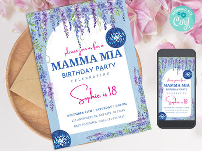 Mamma Mia Birthday Party Invitation, Floral Wisteria, Editable Template (Digital Download)