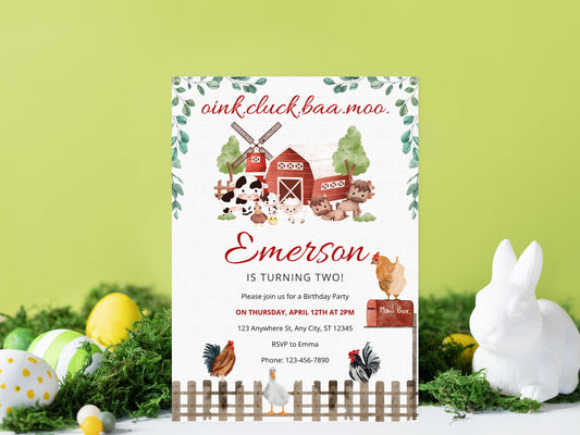 Farm Animals Birthday Party Invitation Template (Digital Download)
