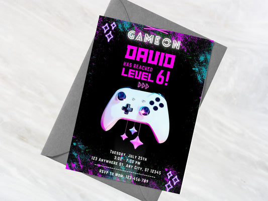 Glow Neon Video Game Birthday Invitation (Editable Printable Invite)