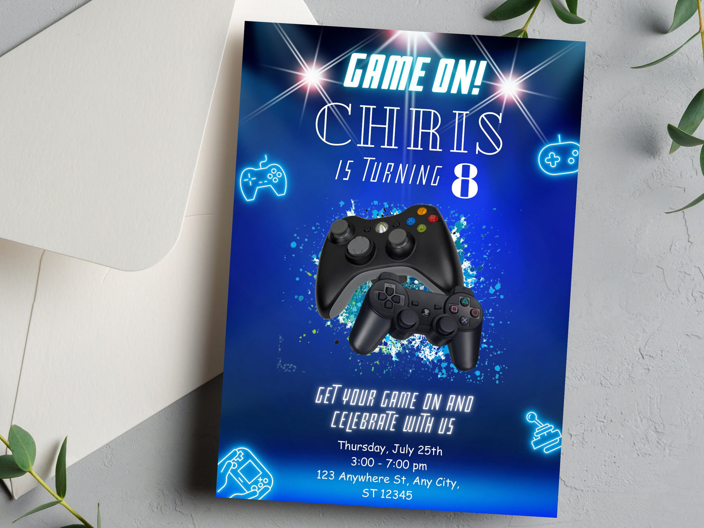 Gamer Birthday Invitation, Neon Video Game Invite (Editable Printable, Instant Download)