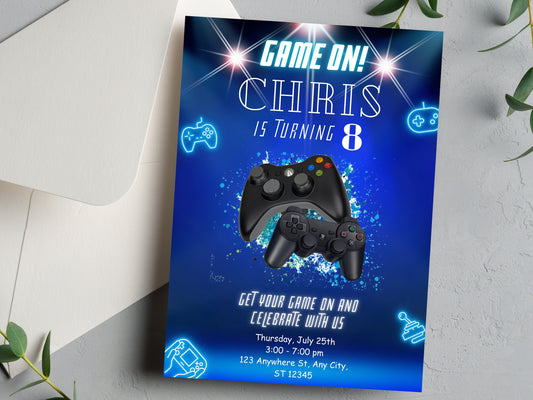 Gamer Birthday Invitation, Neon Video Game Invite (Editable Printable, Instant Download)