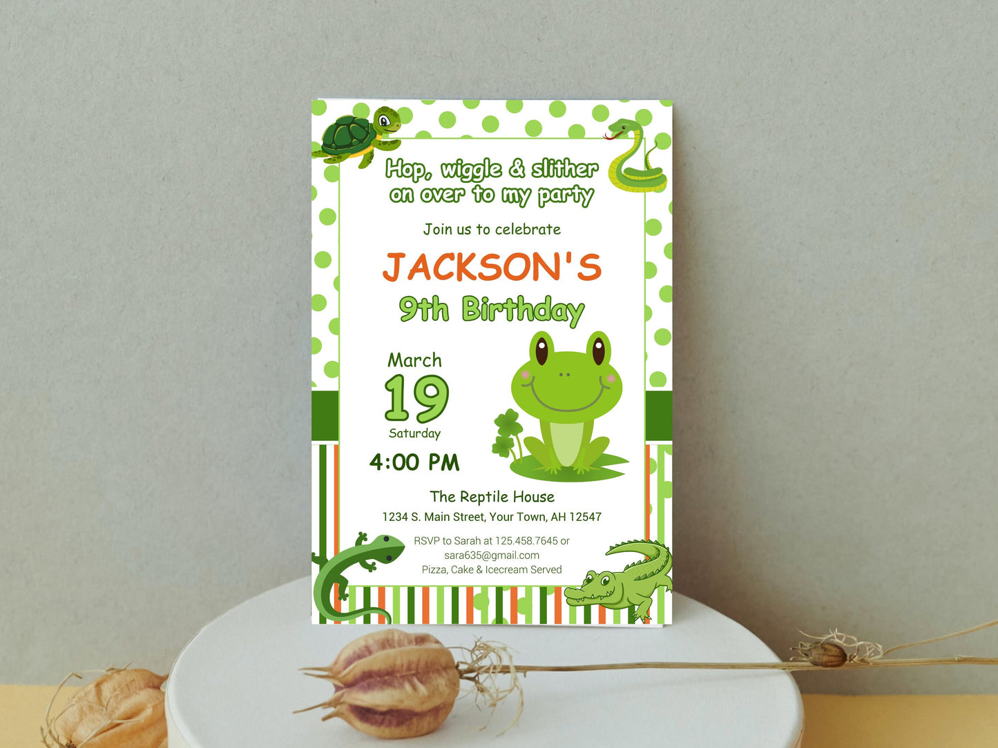 Vorlage für eine bearbeitbare Einladung zur Reptilien-Geburtstagsparty (Digitaler Download)