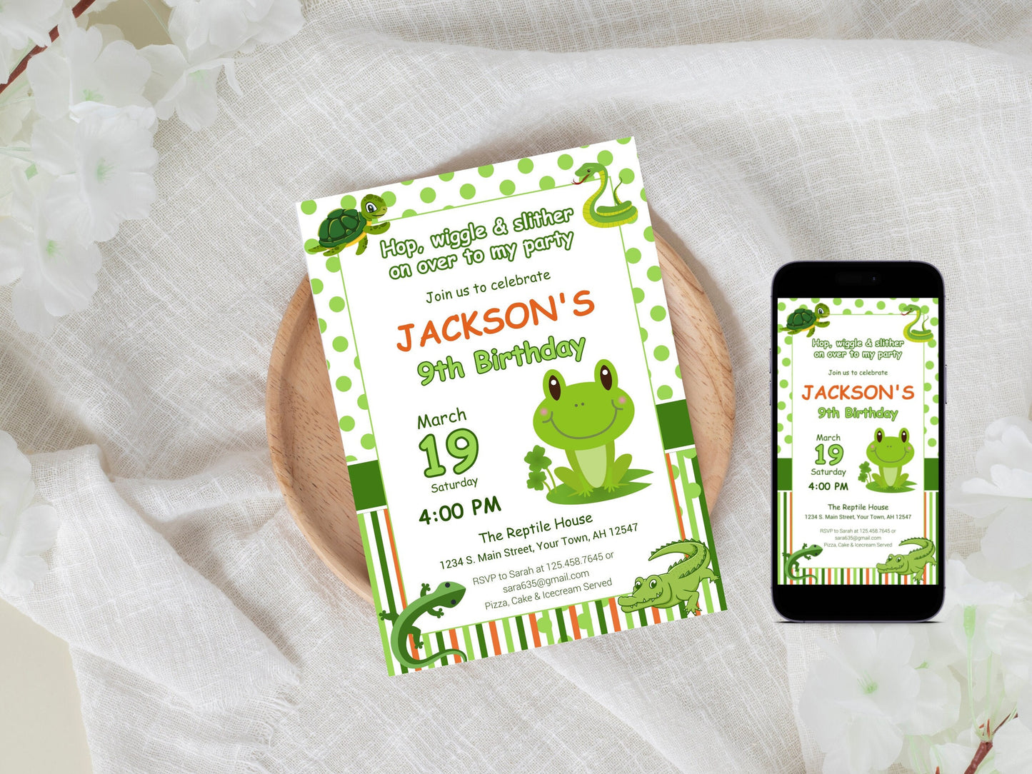 Vorlage für eine bearbeitbare Einladung zur Reptilien-Geburtstagsparty (Digitaler Download)