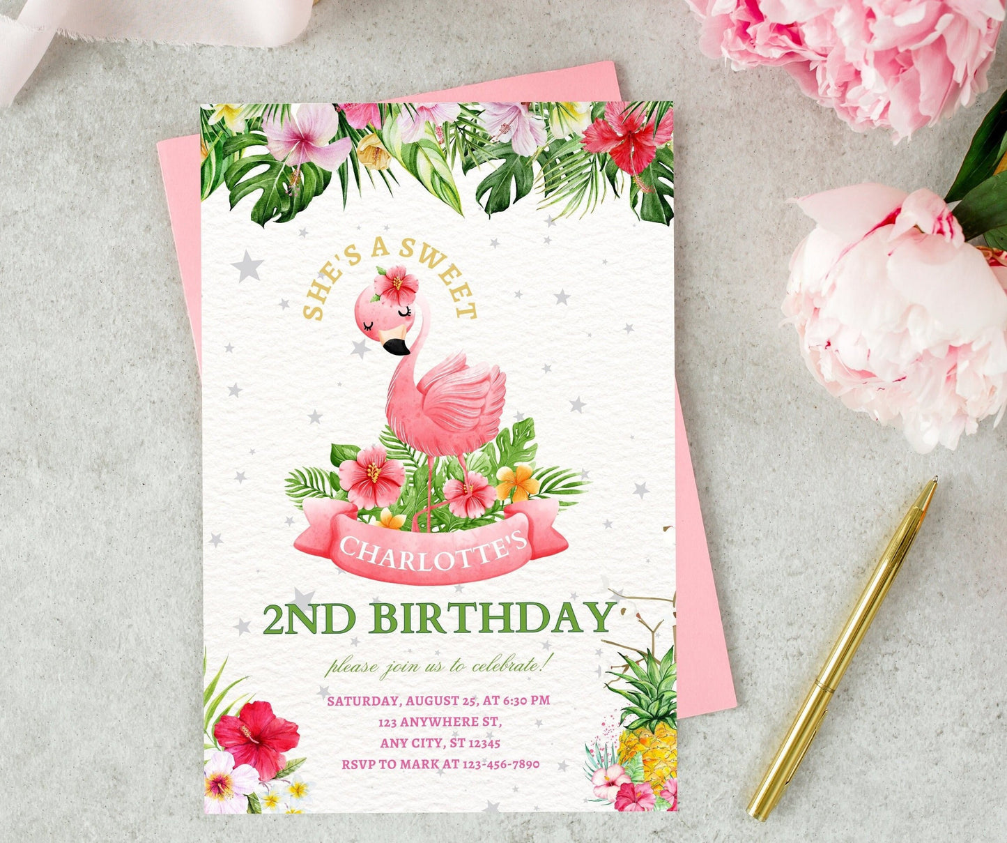 Editable Flamingo Birthday Invitation, Tropical Pool Party (Instant Download)