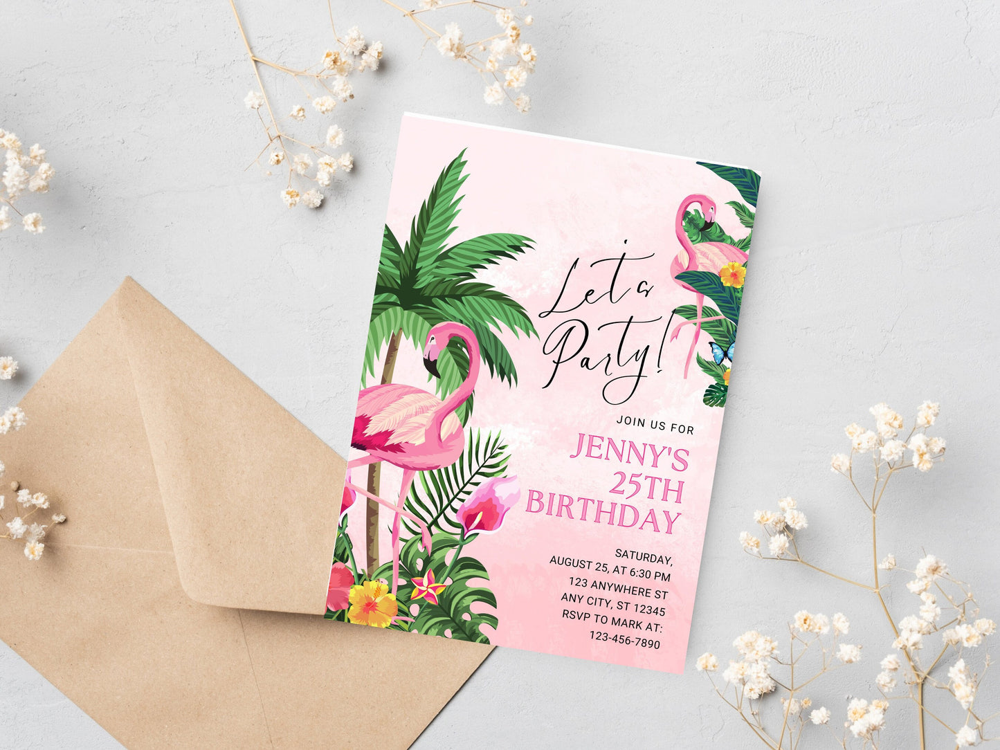 Tropical Flamingo Birthday Party Invitation, Editable Template (Digital Download)