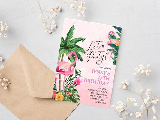 Tropical Flamingo Birthday Party Invitation, Editable Template (Digital Download)