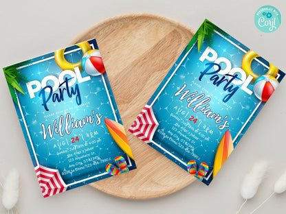 Editable Pool Party Birthday Invitation, Summer Swim Party (Instant Download)