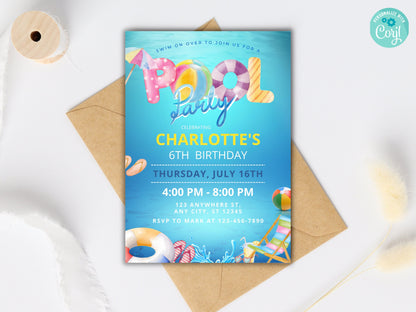 Vorlage für eine bearbeitbare Einladung zur Poolparty-Geburtstagsfeier (Digitaler Download)