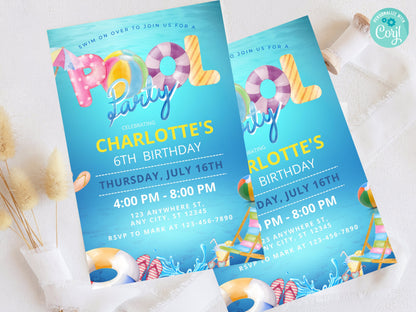 Vorlage für eine bearbeitbare Einladung zur Poolparty-Geburtstagsfeier (Digitaler Download)
