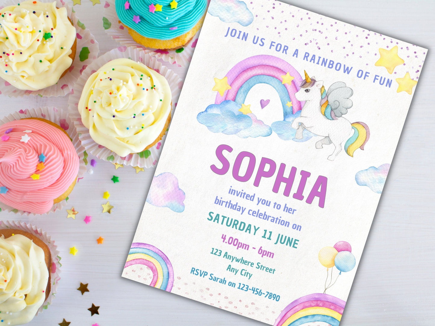 Editable Unicorn Rainbow Birthday Invitation, Girls Party (Digital Download)