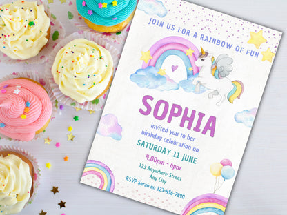 Editable Unicorn Rainbow Birthday Invitation, Girls Party (Digital Download)