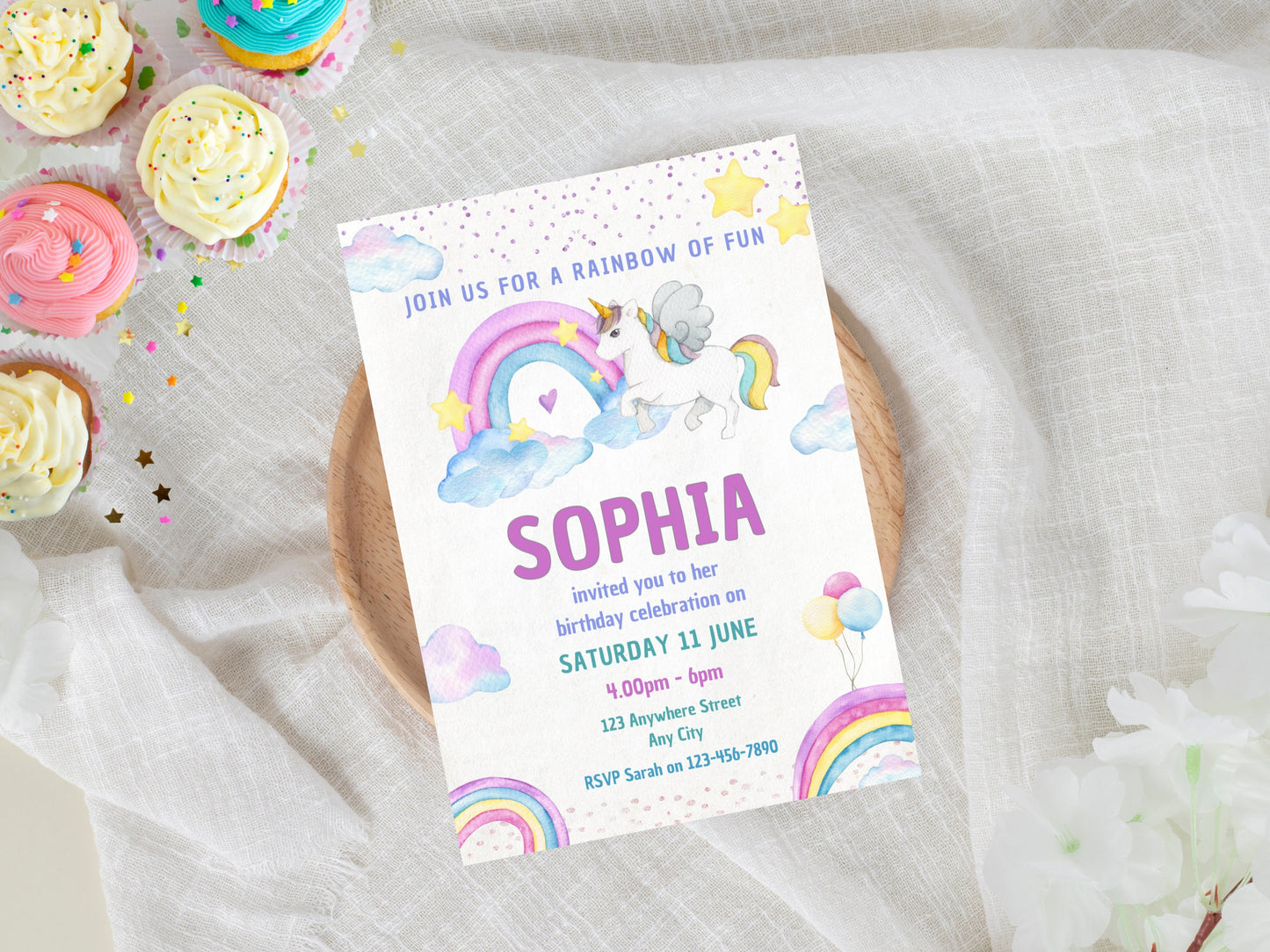 Editable Unicorn Rainbow Birthday Invitation, Girls Party (Digital Download)