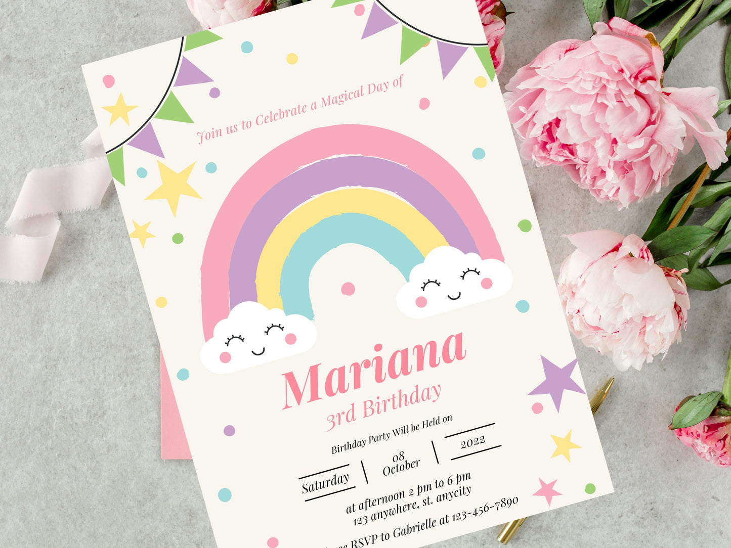Editable Rainbow Birthday Invitation, Girls Party (Digital Download)
