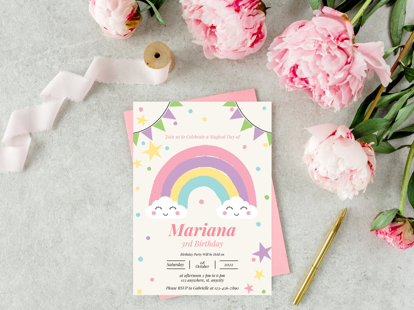 Editable Rainbow Birthday Invitation, Girls Party (Digital Download)