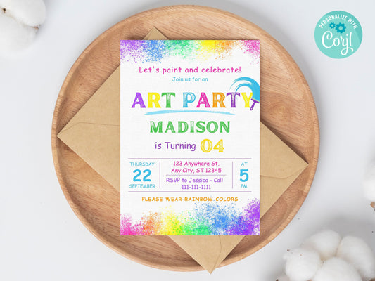 Colorful Painting Party Invitation, Rainbow Theme (Editable, Instant Download)