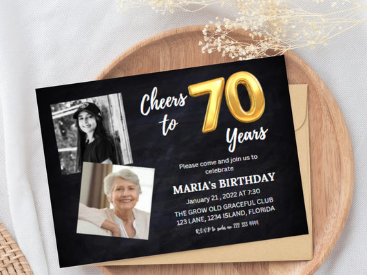 70th Birthday Invitation Template, Photo, Editable (Digital Download)