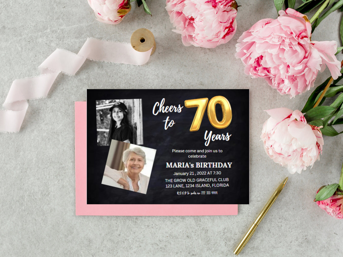 Modèle d'invitation pour un 70e anniversaire, avec photo, modifiable (téléchargement numérique)