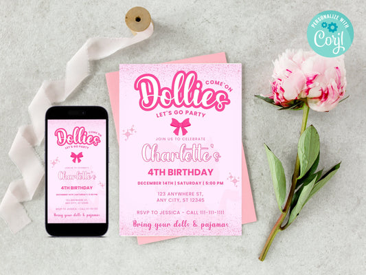 Doll Birthday Party Invitation: Hot Pink, Editable (Digital Download)
