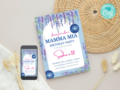Mamma Mia Birthday Party Invitation, Floral Wisteria, Editable Template (Digital Download)