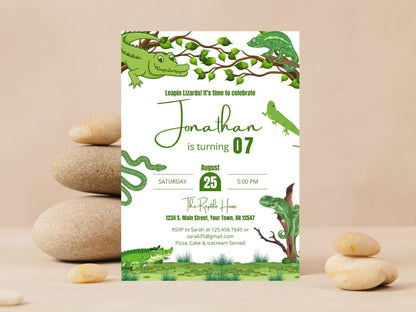 Invitation d'anniversaire sur le thème des reptiles, modifiable, pour une fête d'enfants (téléchargement numérique)