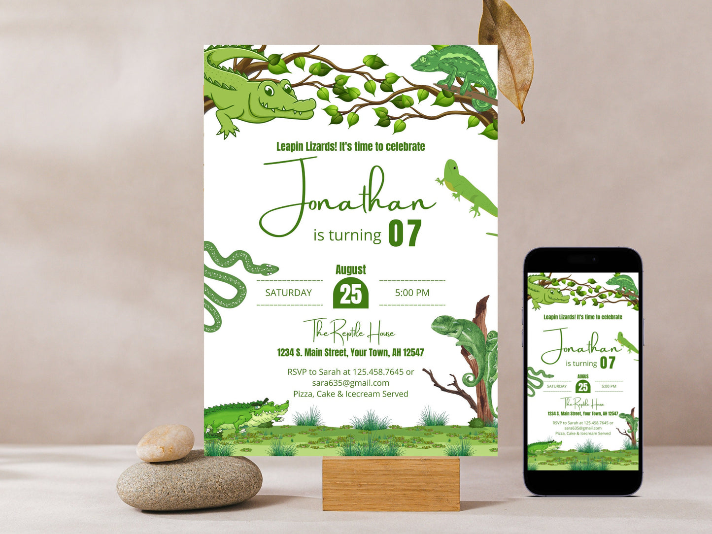 Invitation d'anniversaire sur le thème des reptiles, modifiable, pour une fête d'enfants (téléchargement numérique)