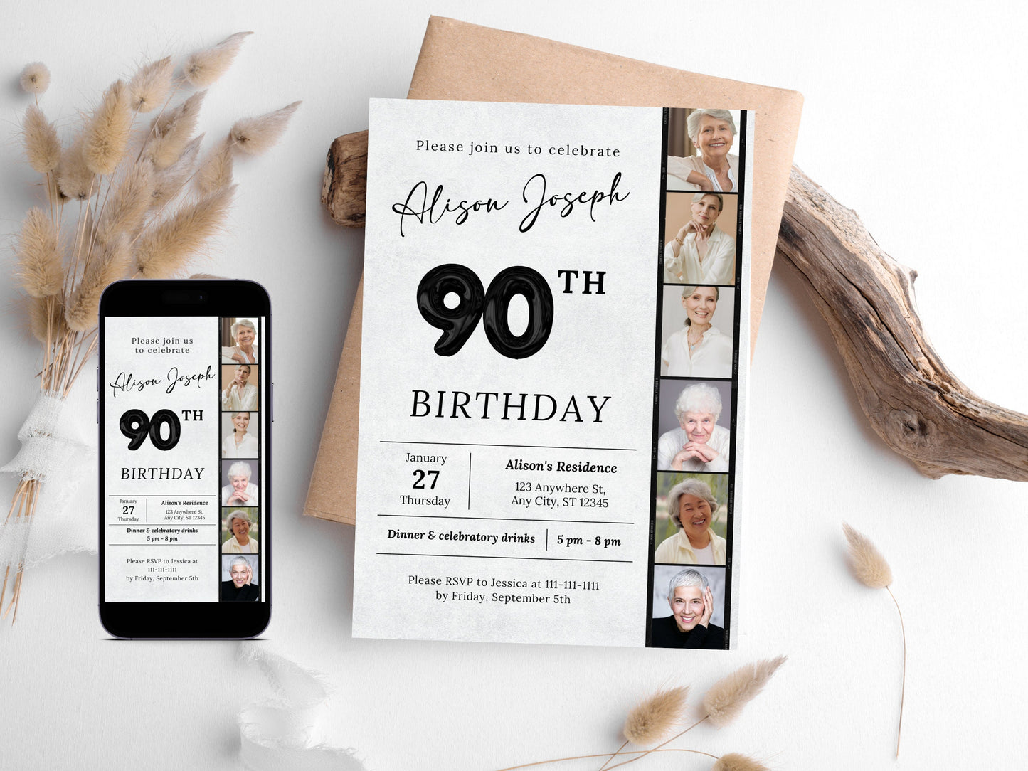 Modèle d'invitation pour un 90e anniversaire avec photo (téléchargement numérique)