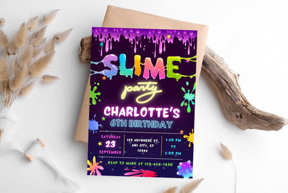Slime Birthday Party Invitation, Editable Canva Template