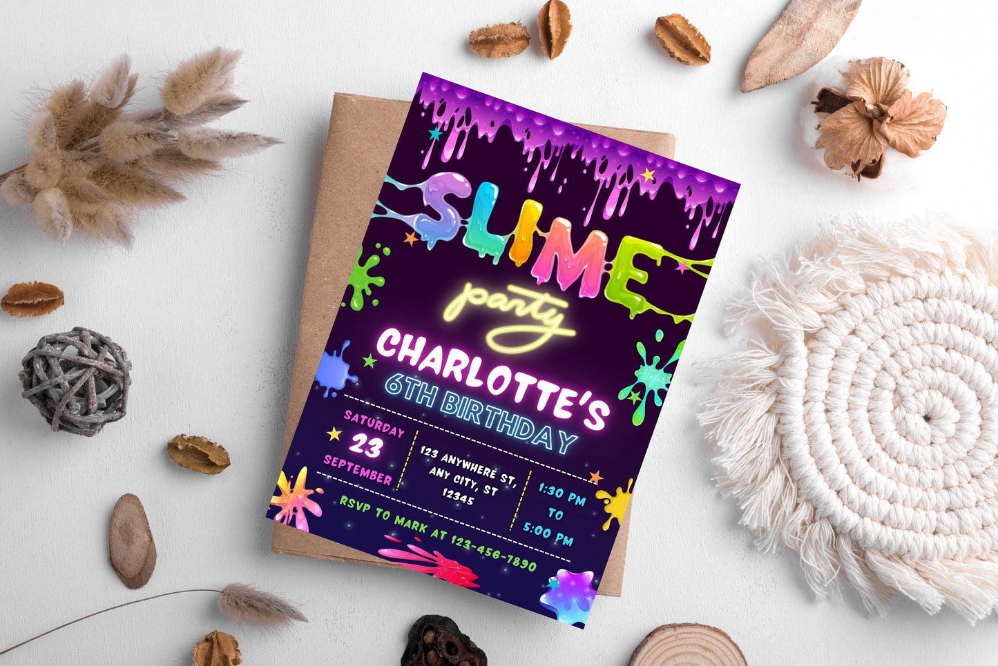 Slime Birthday Party Invitation, Editable Canva Template