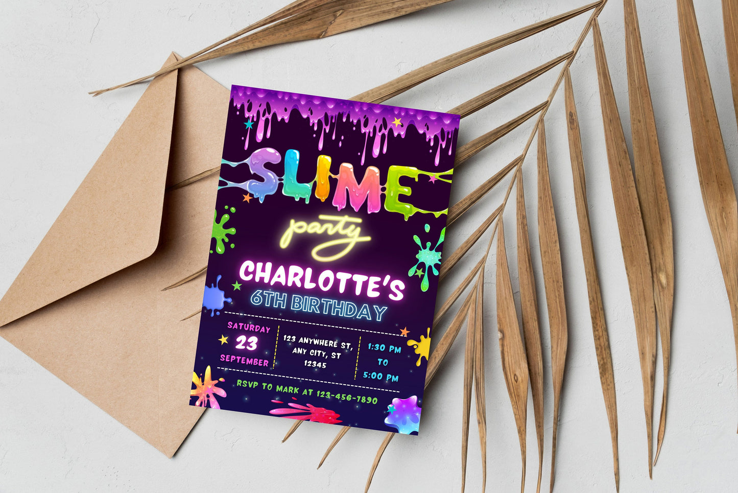 Slime Birthday Party Invitation, Editable Canva Template