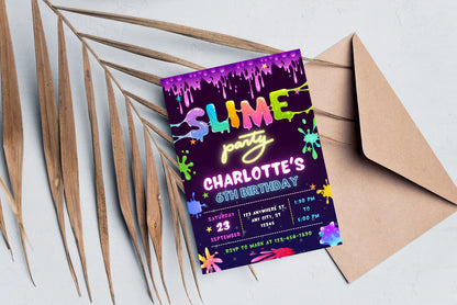 Slime Birthday Party Invitation, Editable Canva Template