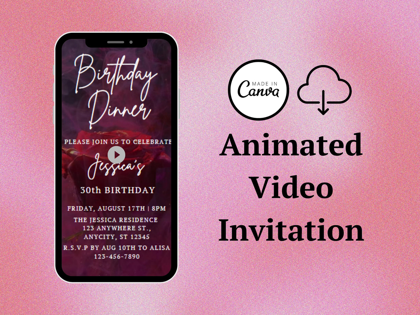 Rose Birthday Video Invitation Template, Editable Canva Design (Digital Download)