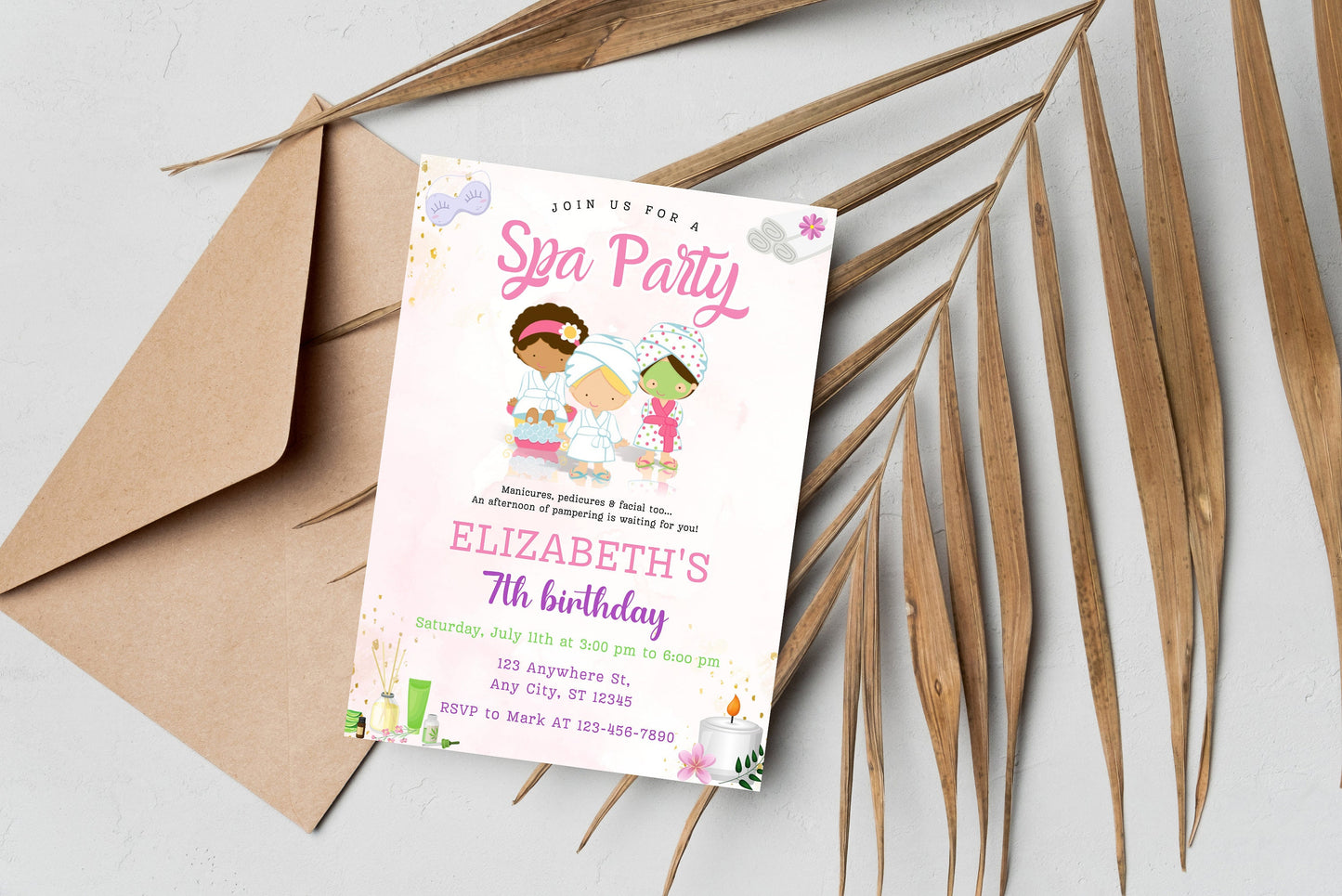 Spa Party Birthday Invitation Template, Editable Thank You Tag (Instant Download)