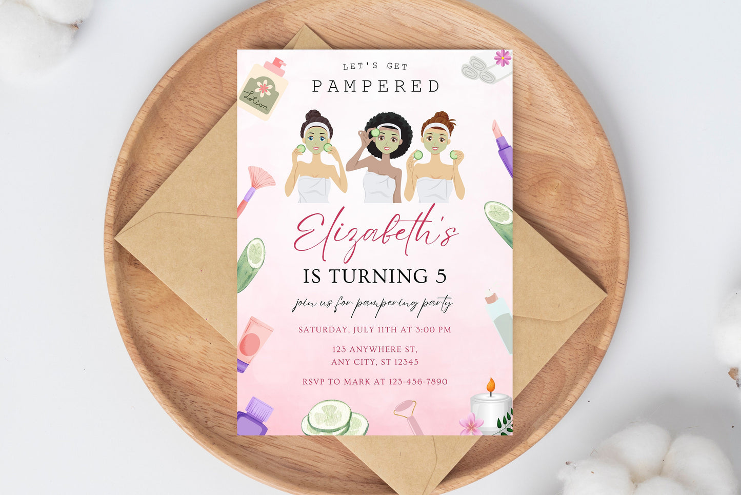 Spa Party Birthday Invitation Template, Customizable Canva Design (Instant Download)