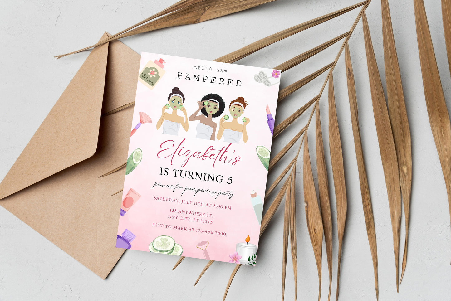 Spa Party Birthday Invitation Template, Customizable Canva Design (Instant Download)