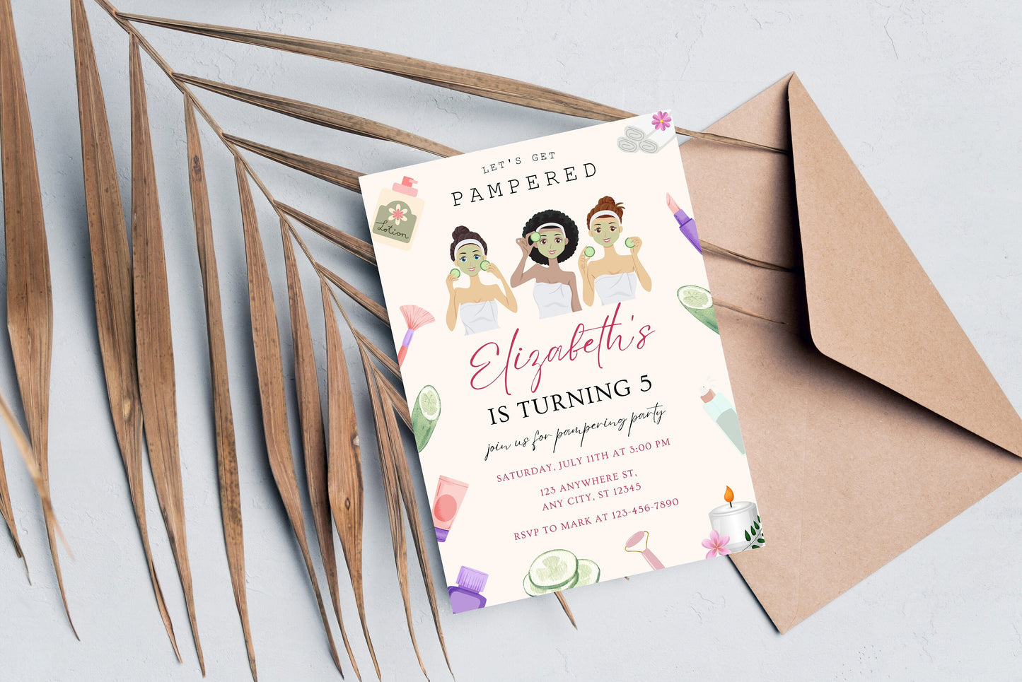 Spa Birthday Invitation Template, Pamper Party, Thank You Tag (Instant Download)