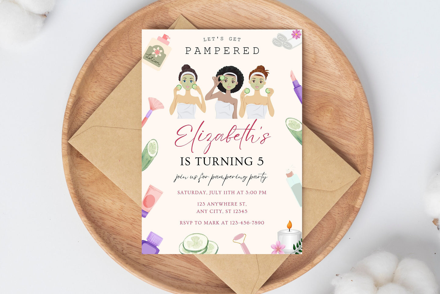 Spa Birthday Invitation Template, Pamper Party, Thank You Tag (Instant Download)