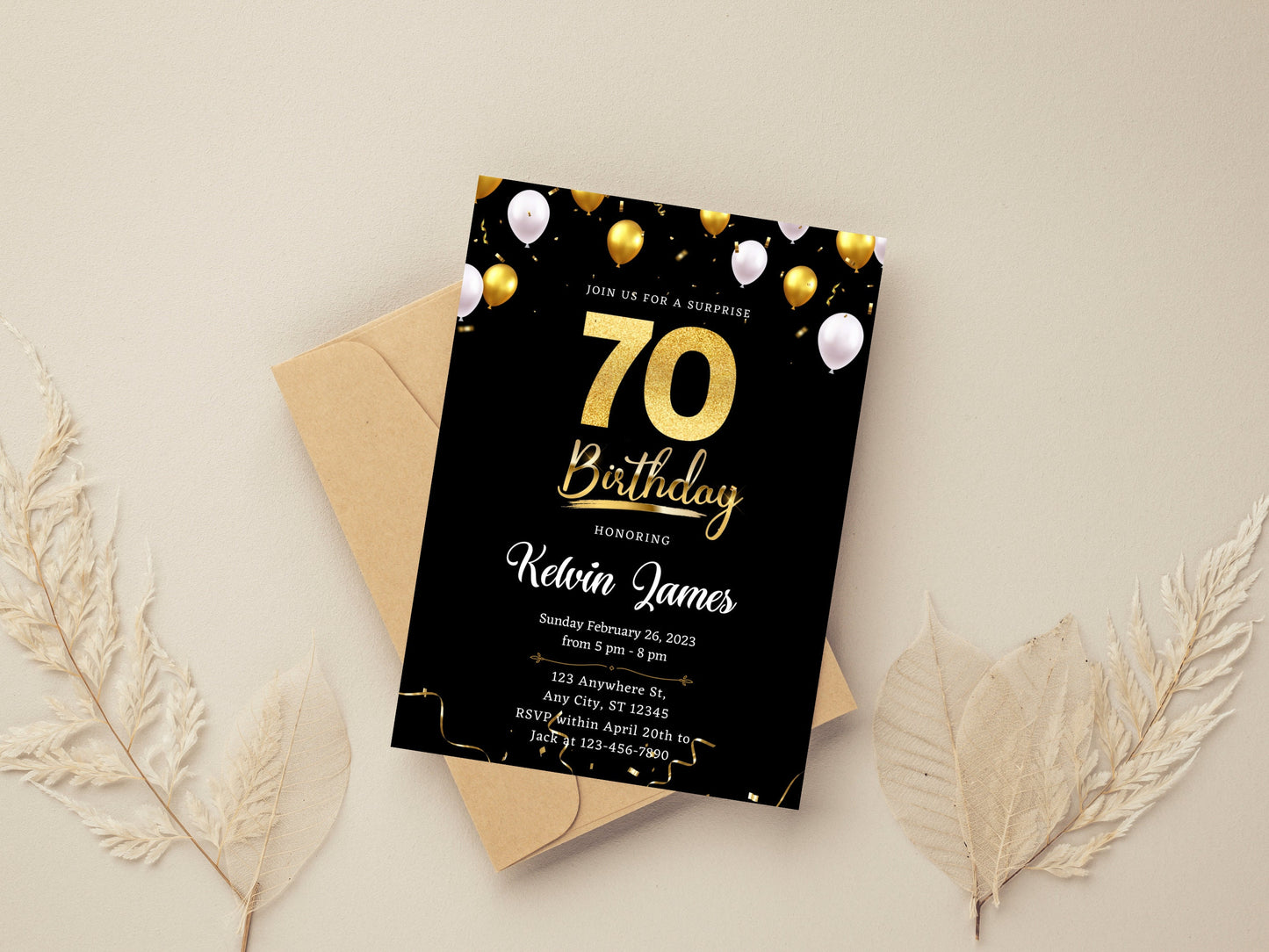 Black and Gold 70th Birthday Invitation Template (Editable Canva Template)