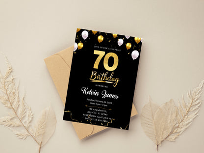 Black and Gold 70th Birthday Invitation Template (Editable Canva Template)