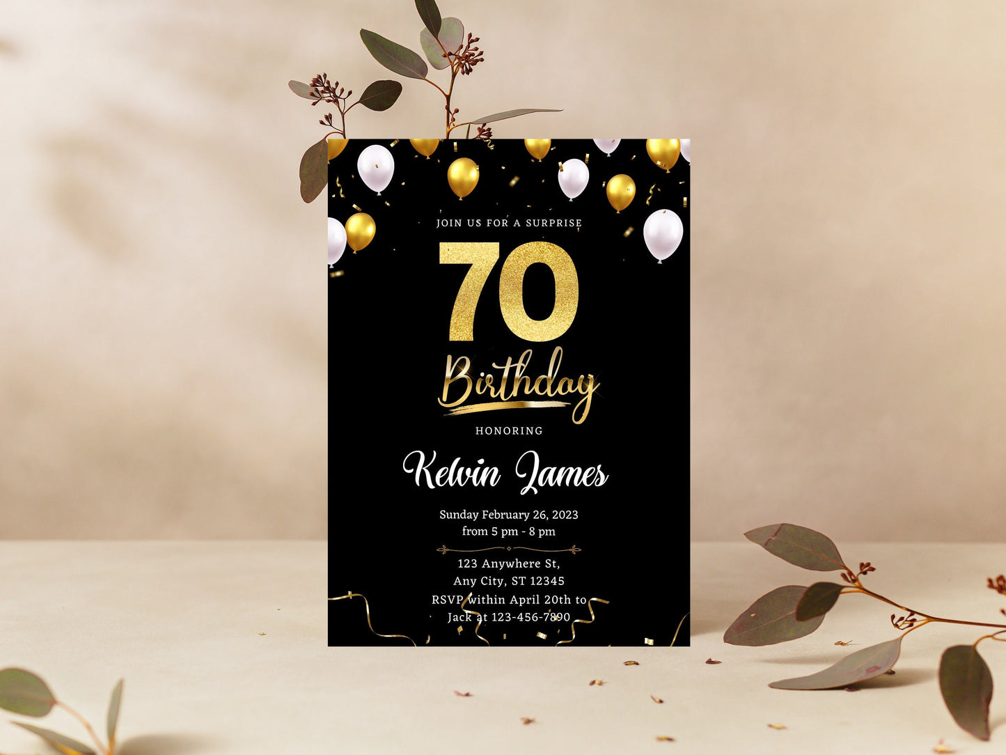 Black and Gold 70th Birthday Invitation Template (Editable Canva Template)