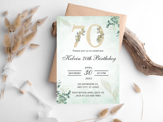 Floral 70th Birthday Invitation Template, Greenery Invite (Editable Canva Template)
