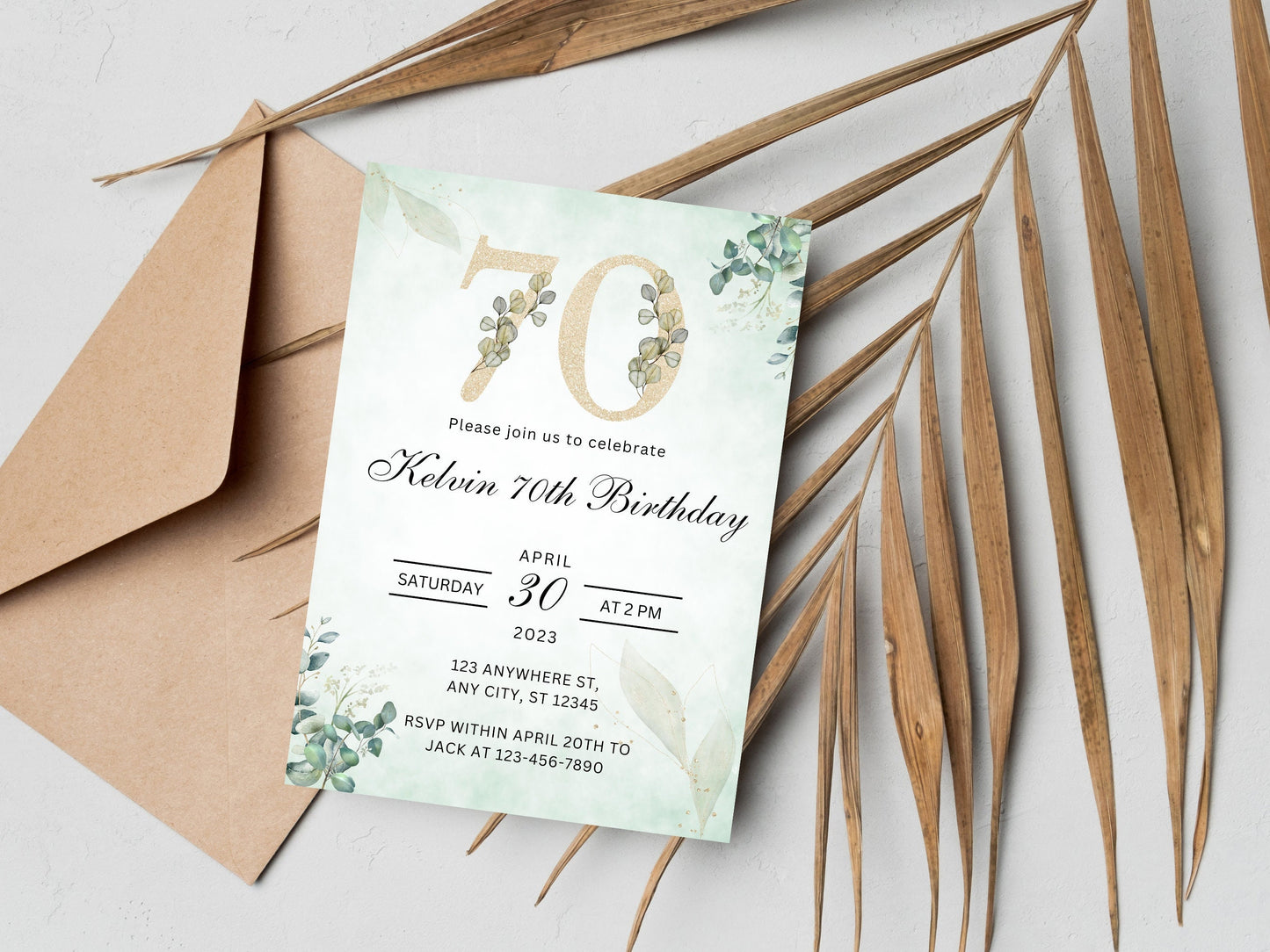 Floral 70th Birthday Invitation Template, Greenery Invite (Editable Canva Template)